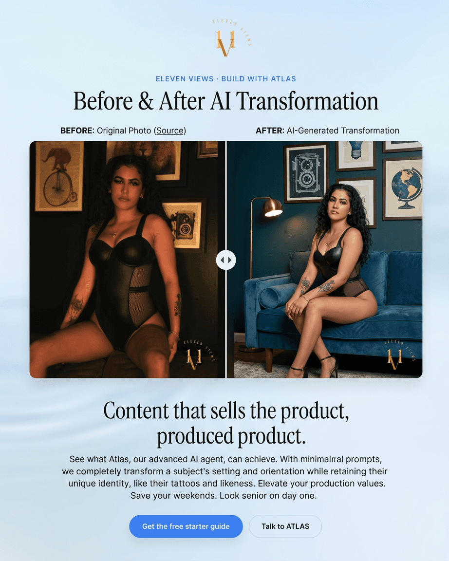 Before and after AI photo transformation — original source photo compared with a professionally styled result